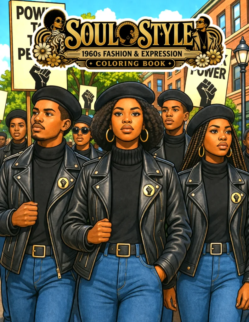Soul Style black adult coloring book celebrating 1960s Black fashion, culture, and the Black Power movement
