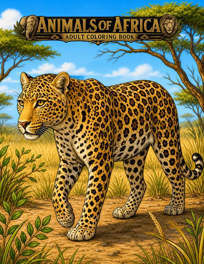 Animals of Africa Adult coloring book featuring lions, elephants, giraffes, zebras, and safari wildlife