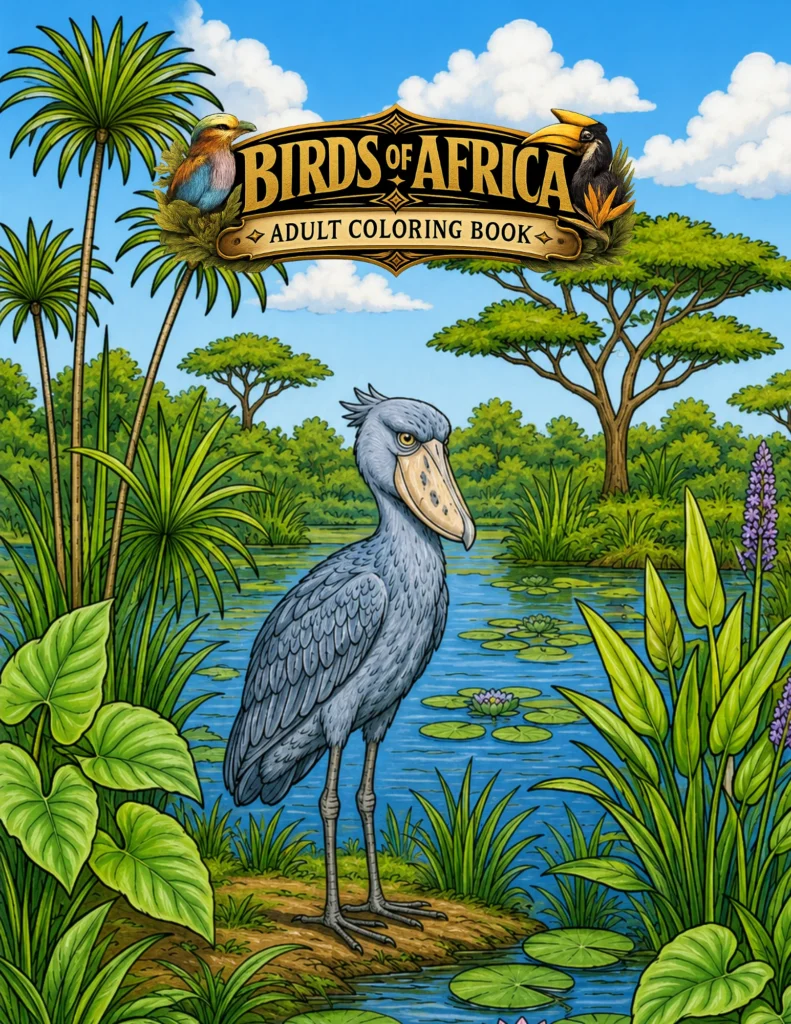 Birds of Africa, a coloring book for black adults, featuring exotic African birds and detailed nature illustrations.