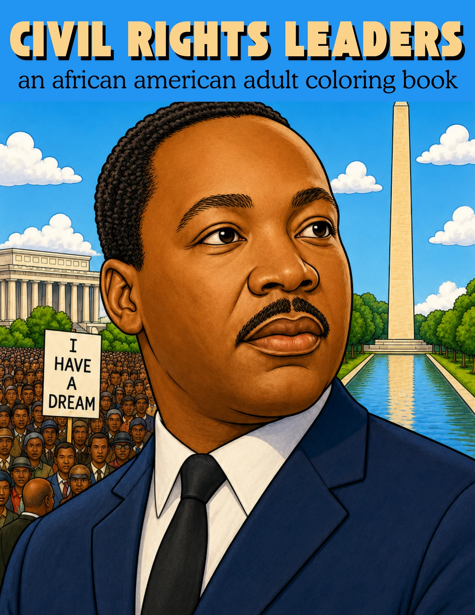 African American Civil Rights Leaders adult coloring book featuring historic Black activists and freedom fighters.