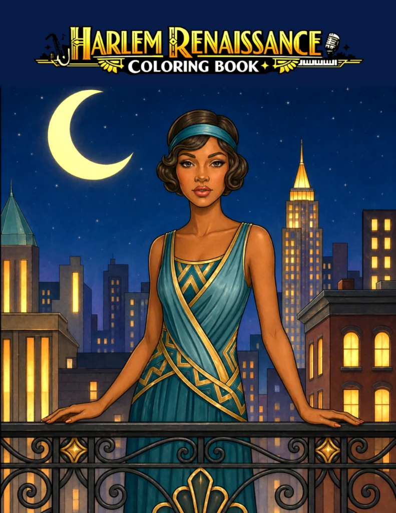 Harlem Renaissance black adult coloring book celebrating black art, music, literature, and cultural history.