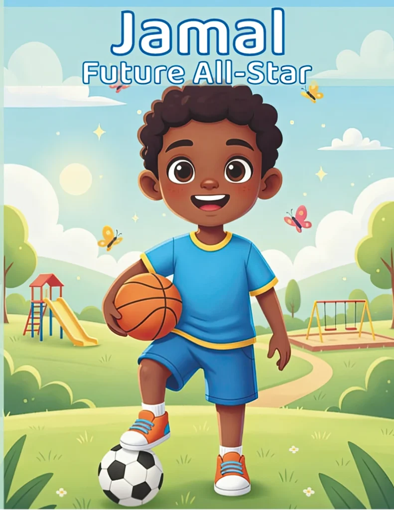 Jamal Future All Star coloring book featuring a young African American boy playing popular sports.