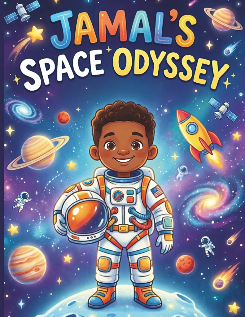 Jamal’s Space Odyssey, a black kids  coloring book featuring a young African American boy exploring outer space.