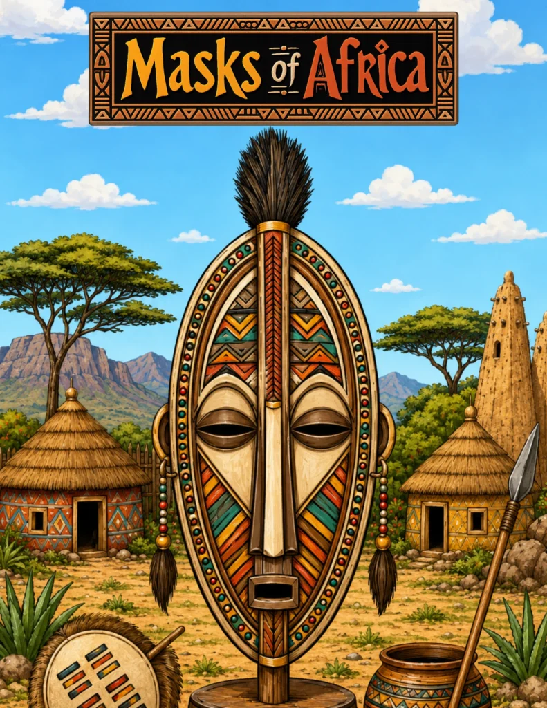 Masks of Africa, a coloring book for black adults, featuring traditional African tribal masks and cultural art designs.