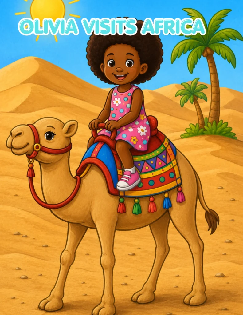 Olivia Visits Africa black children’s coloring book featuring African culture, landmarks, animals, and traditions