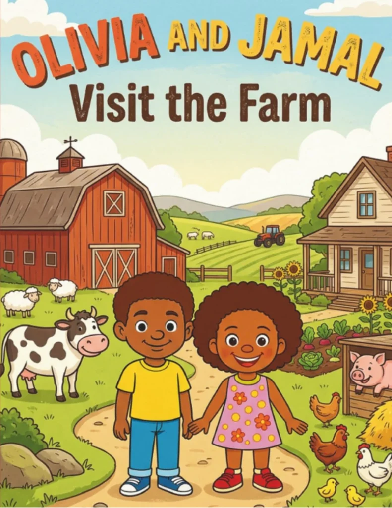 Olivia and Jamal Visit the Farm, a black kids coloring book featuring animals, tractors, and fun farm adventures