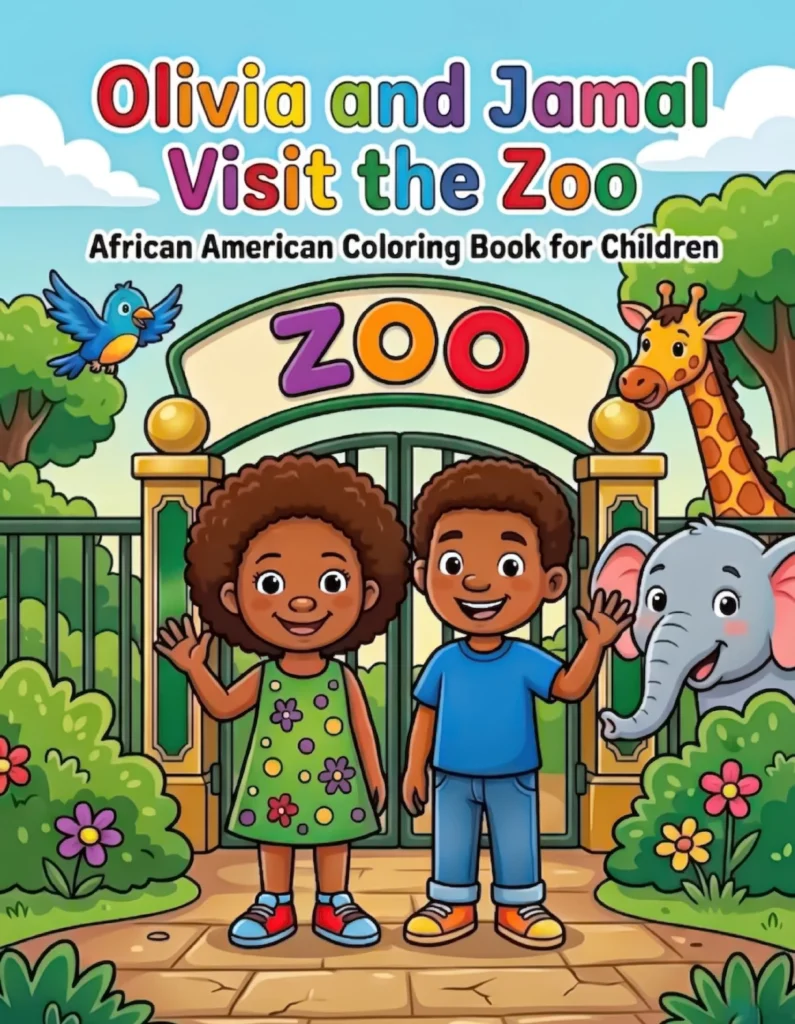 Olivia and Jamal Visit the Zoo, a black kids coloring book featuring animals, adventures, and family fun.