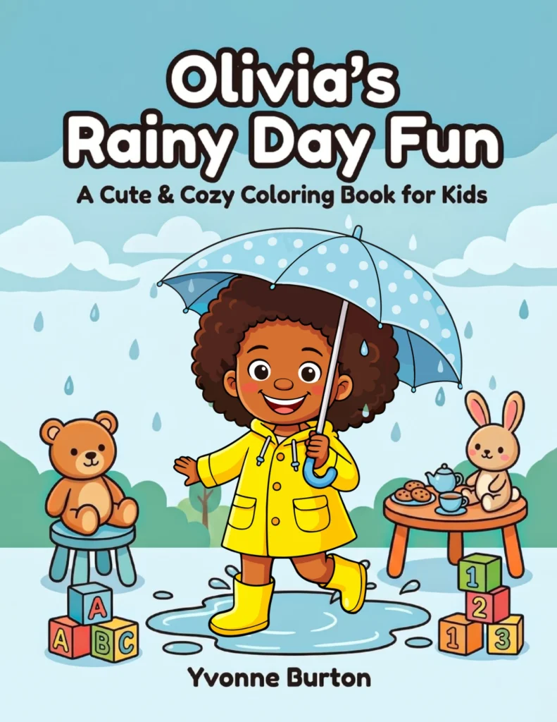 Olivia’s Rainy Day Fun black children coloring book featuring cozy indoor activities and playful childhood adventures.